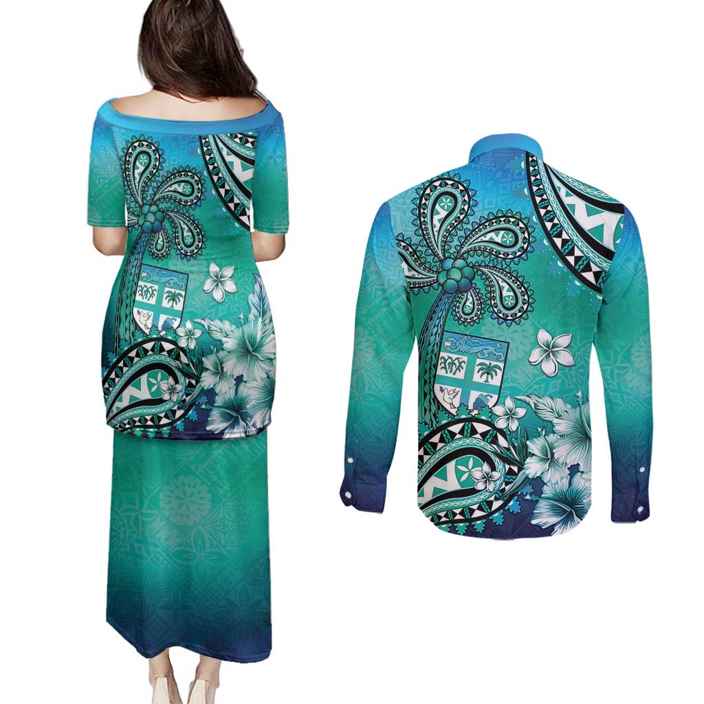 Fiji Born Indian Couples Matching Puletasi and Long Sleeve Button Shirt Palm Paisley With Tapa Pattern