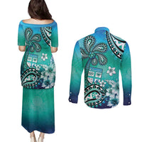 Fiji Born Indian Couples Matching Puletasi and Long Sleeve Button Shirt Palm Paisley With Tapa Pattern