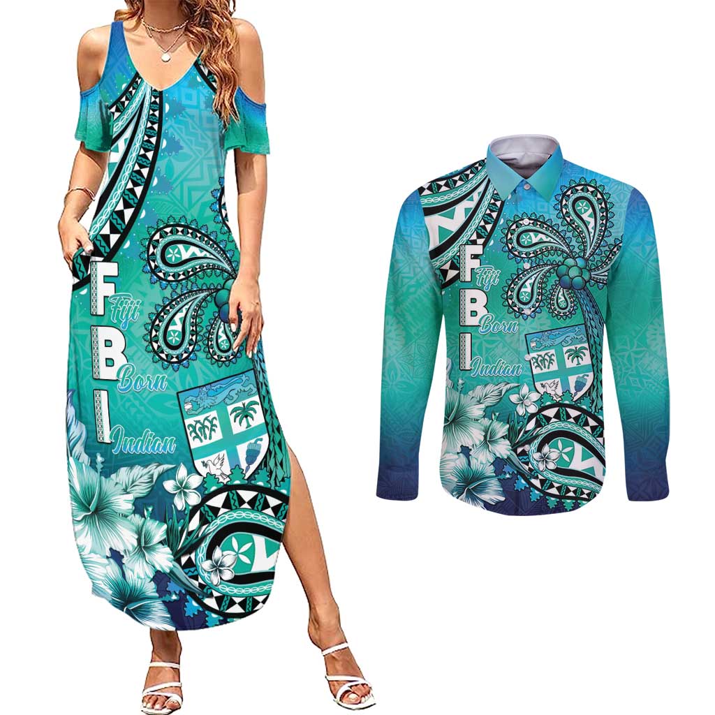 Fiji Born Indian Couples Matching Summer Maxi Dress and Long Sleeve Button Shirt Palm Paisley With Tapa Pattern