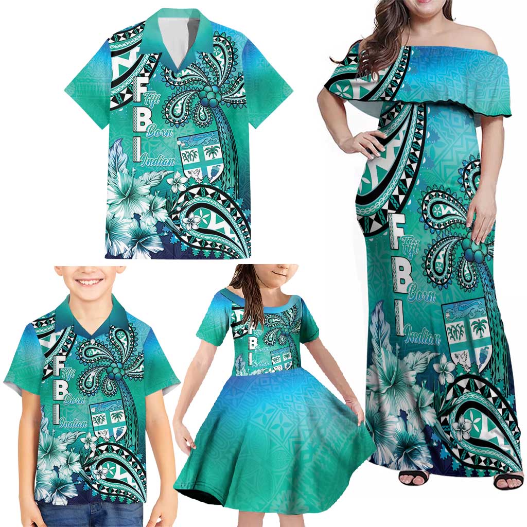 Fiji Born Indian Family Matching Off Shoulder Maxi Dress and Hawaiian Shirt Palm Paisley With Tapa Pattern