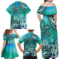 Fiji Born Indian Family Matching Off Shoulder Maxi Dress and Hawaiian Shirt Palm Paisley With Tapa Pattern