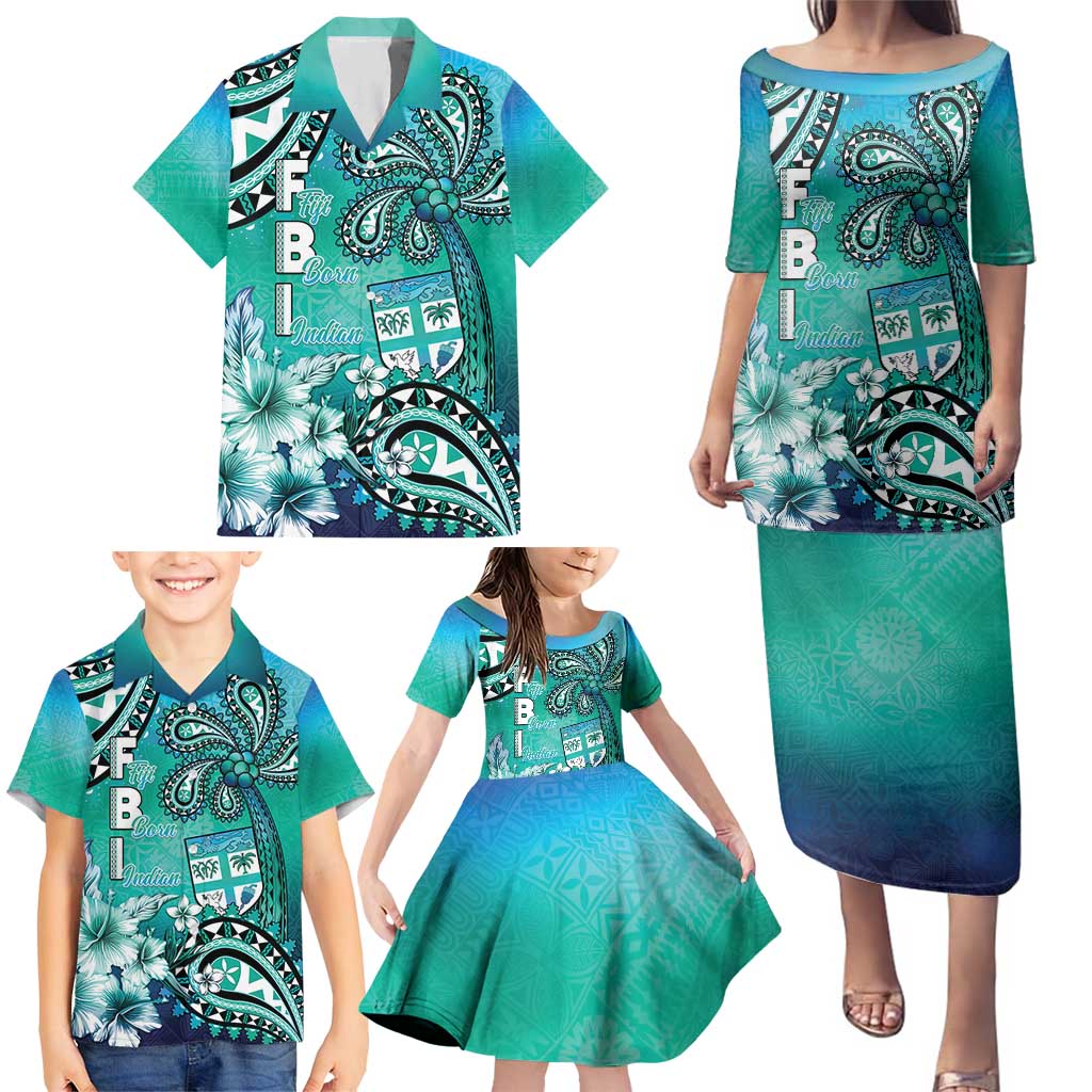 Fiji Born Indian Family Matching Puletasi and Hawaiian Shirt Palm Paisley With Tapa Pattern