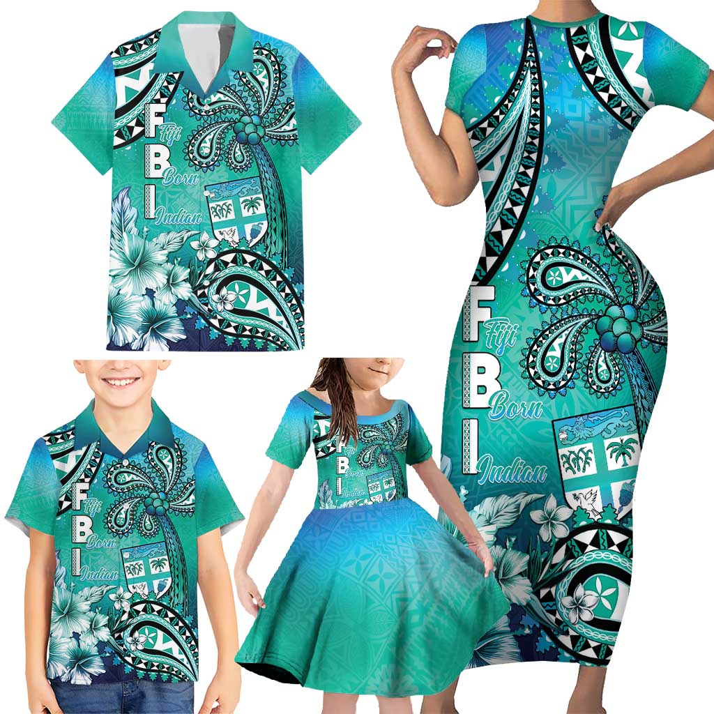 Fiji Born Indian Family Matching Short Sleeve Bodycon Dress and Hawaiian Shirt Palm Paisley With Tapa Pattern
