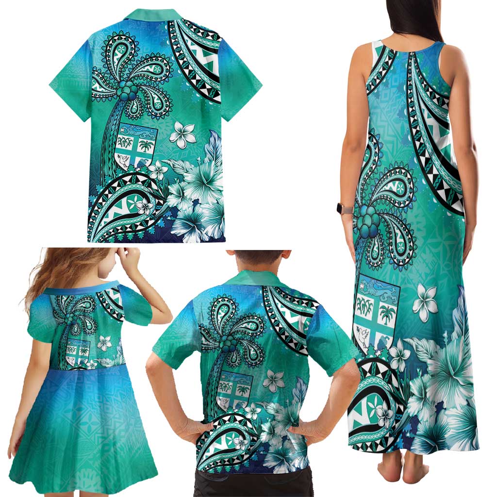 Fiji Born Indian Family Matching Tank Maxi Dress and Hawaiian Shirt Palm Paisley With Tapa Pattern