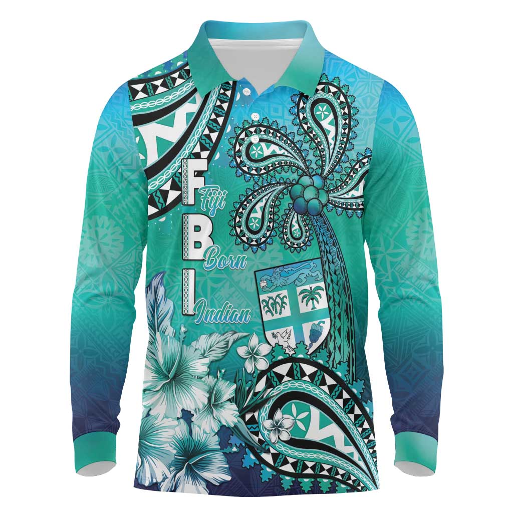 Fiji Born Indian Long Sleeve Polo Shirt Palm Paisley With Tapa Pattern