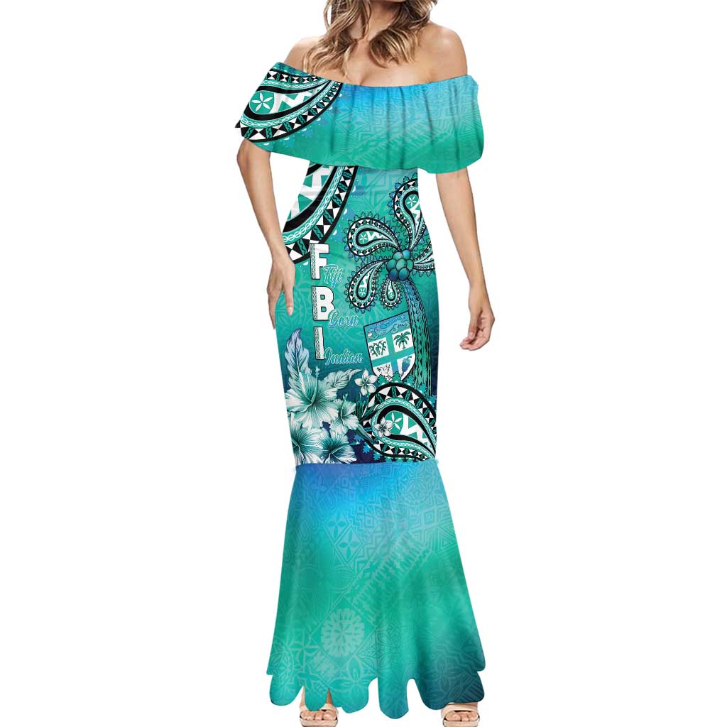 Fiji Born Indian Mermaid Dress Palm Paisley With Tapa Pattern