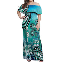 Fiji Born Indian Off Shoulder Maxi Dress Palm Paisley With Tapa Pattern