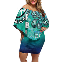 Fiji Born Indian Off Shoulder Short Dress Palm Paisley With Tapa Pattern