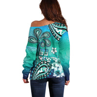 Fiji Born Indian Off Shoulder Sweater Palm Paisley With Tapa Pattern