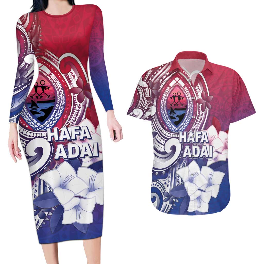 Guam Gadao Couples Matching Long Sleeve Bodycon Dress and Hawaiian Shirt Hafa Adai Micronesian Tribal Pattern
