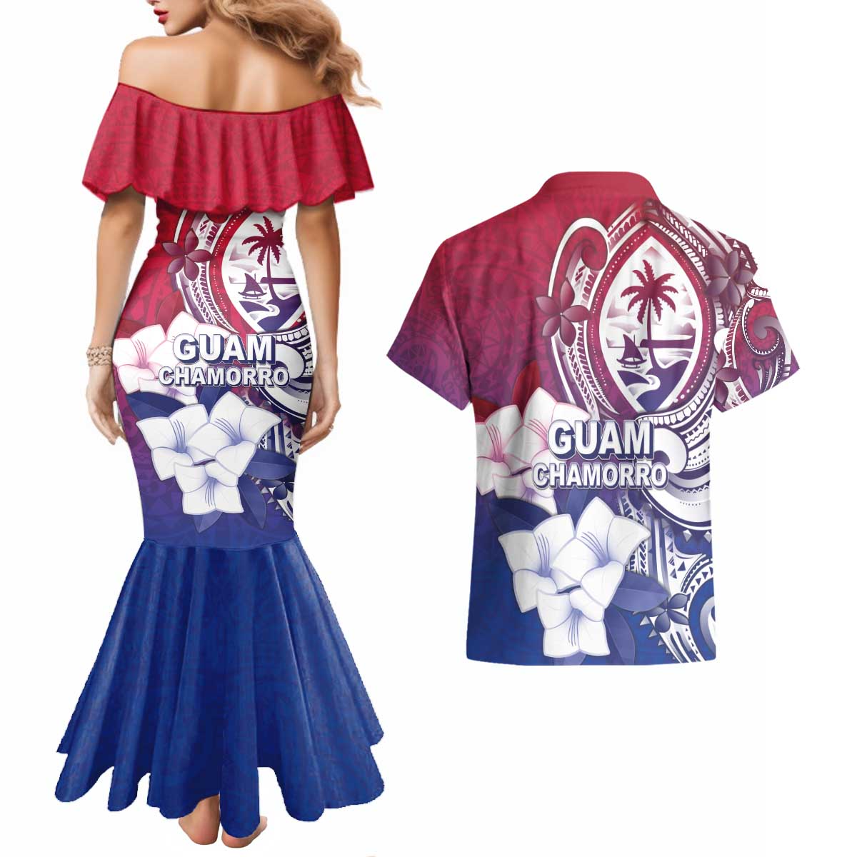 Guam Gadao Couples Matching Mermaid Dress and Hawaiian Shirt Hafa Adai Micronesian Tribal Pattern