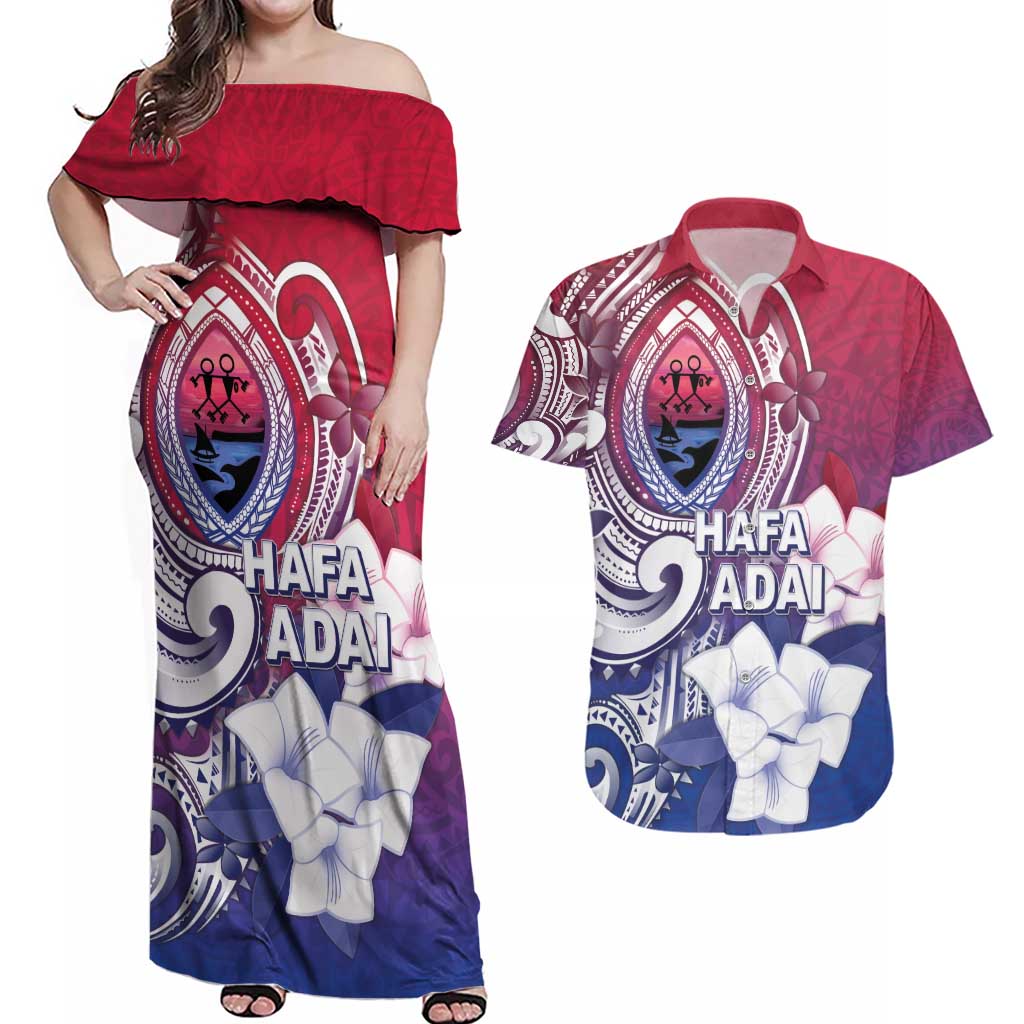 Guam Gadao Couples Matching Off Shoulder Maxi Dress and Hawaiian Shirt Hafa Adai Micronesian Tribal Pattern