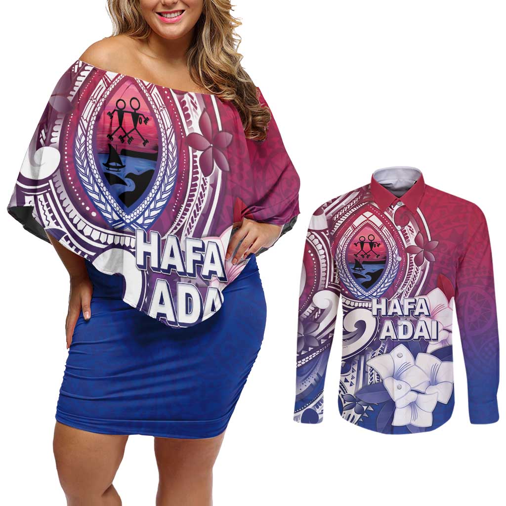 Guam Gadao Couples Matching Off Shoulder Short Dress and Long Sleeve Button Shirt Hafa Adai Micronesian Tribal Pattern