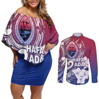Guam Gadao Couples Matching Off Shoulder Short Dress and Long Sleeve Button Shirt Hafa Adai Micronesian Tribal Pattern
