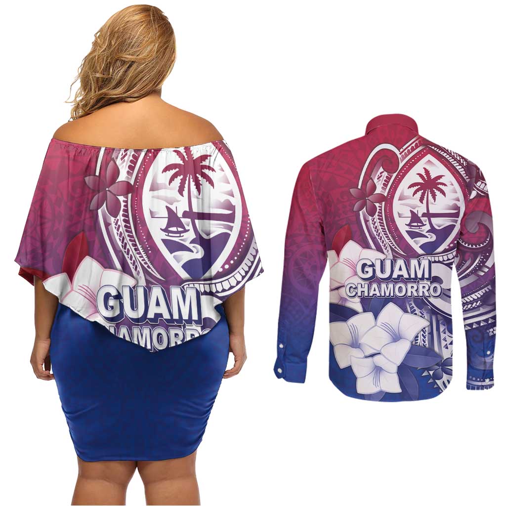 Guam Gadao Couples Matching Off Shoulder Short Dress and Long Sleeve Button Shirt Hafa Adai Micronesian Tribal Pattern
