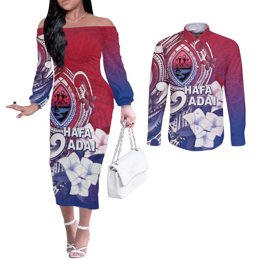 Guam Gadao Couples Matching Off The Shoulder Long Sleeve Dress and Long Sleeve Button Shirt Hafa Adai Micronesian Tribal Pattern