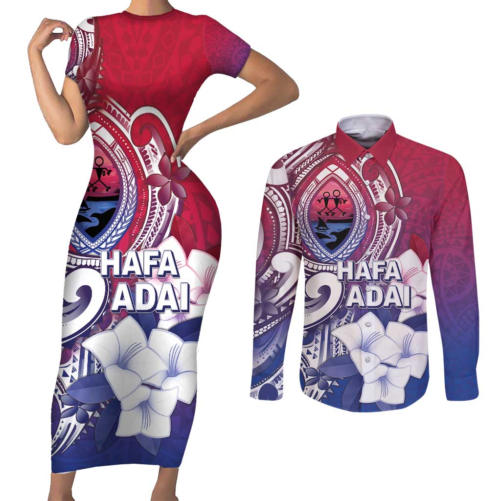 Guam Gadao Couples Matching Short Sleeve Bodycon Dress and Long Sleeve Button Shirt Hafa Adai Micronesian Tribal Pattern
