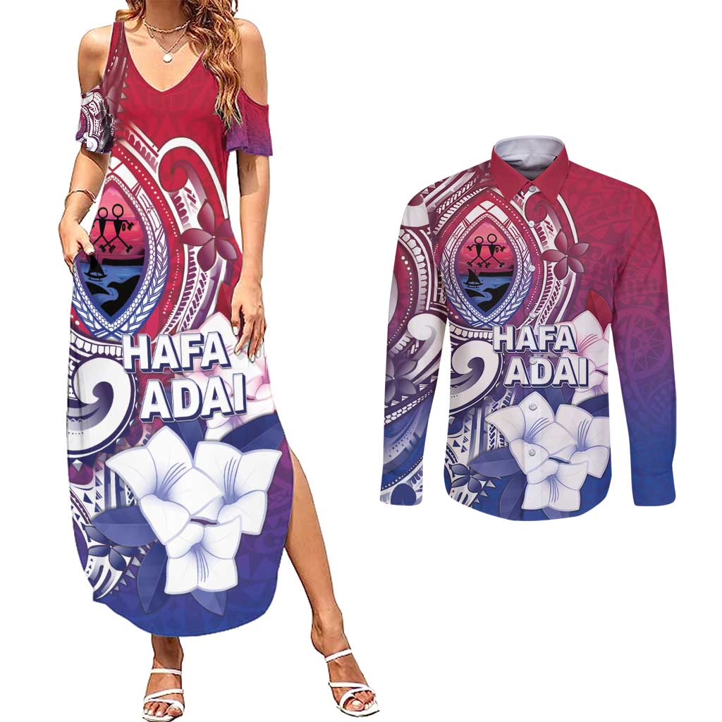 Guam Gadao Couples Matching Summer Maxi Dress and Long Sleeve Button Shirt Hafa Adai Micronesian Tribal Pattern