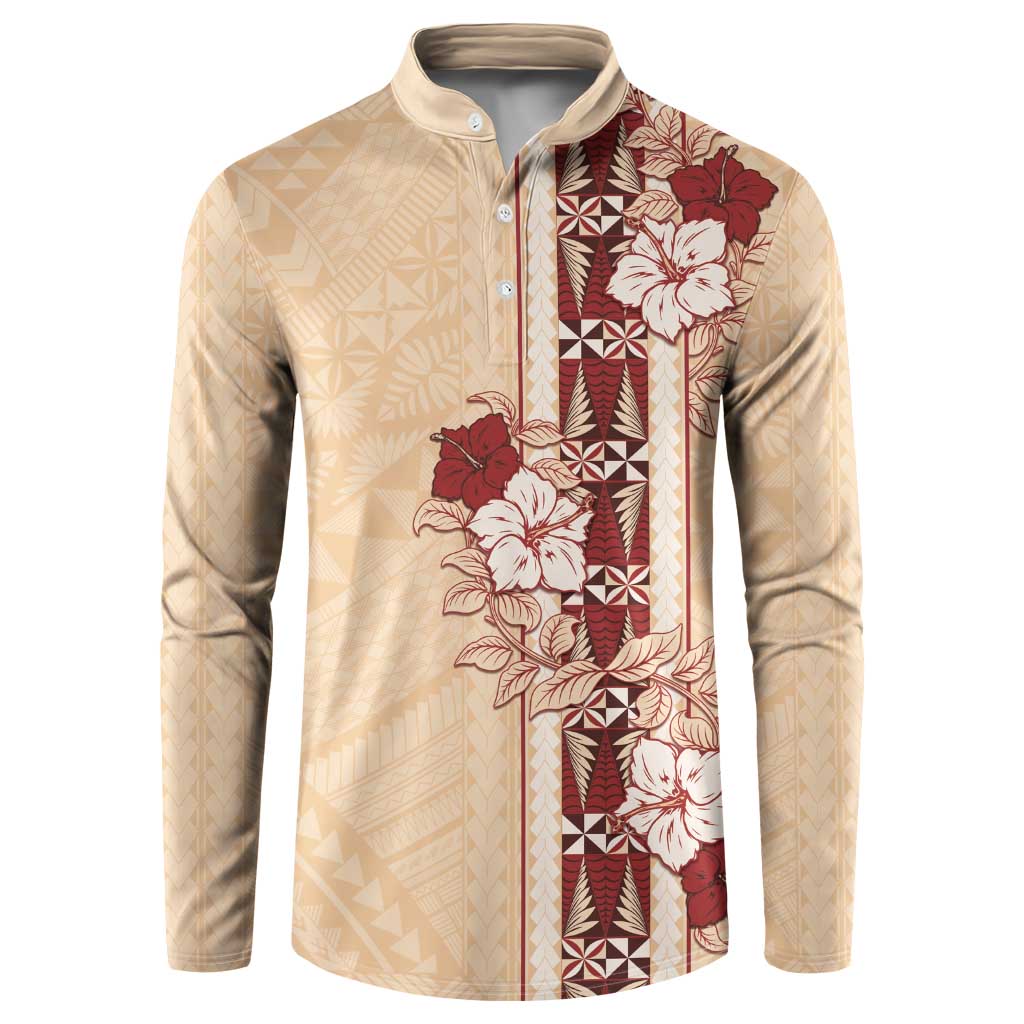 Tonga Language Week Button Sweatshirt Hibiscus Tongan Ngatu Pattern LT05 Beige - Polynesian Pride