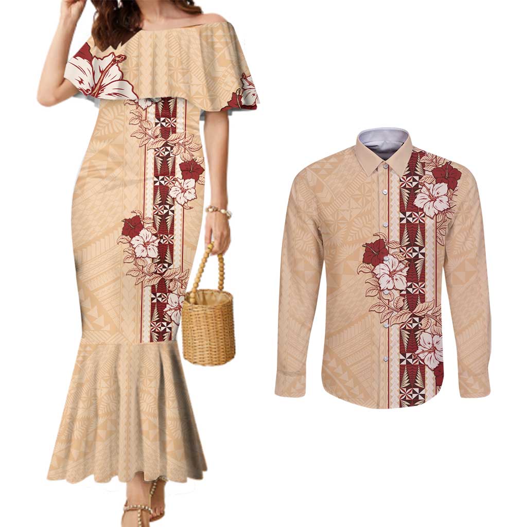 Tonga Language Week Couples Matching Mermaid Dress and Long Sleeve Button Shirt Hibiscus Tongan Ngatu Pattern LT05 Beige - Polynesian Pride