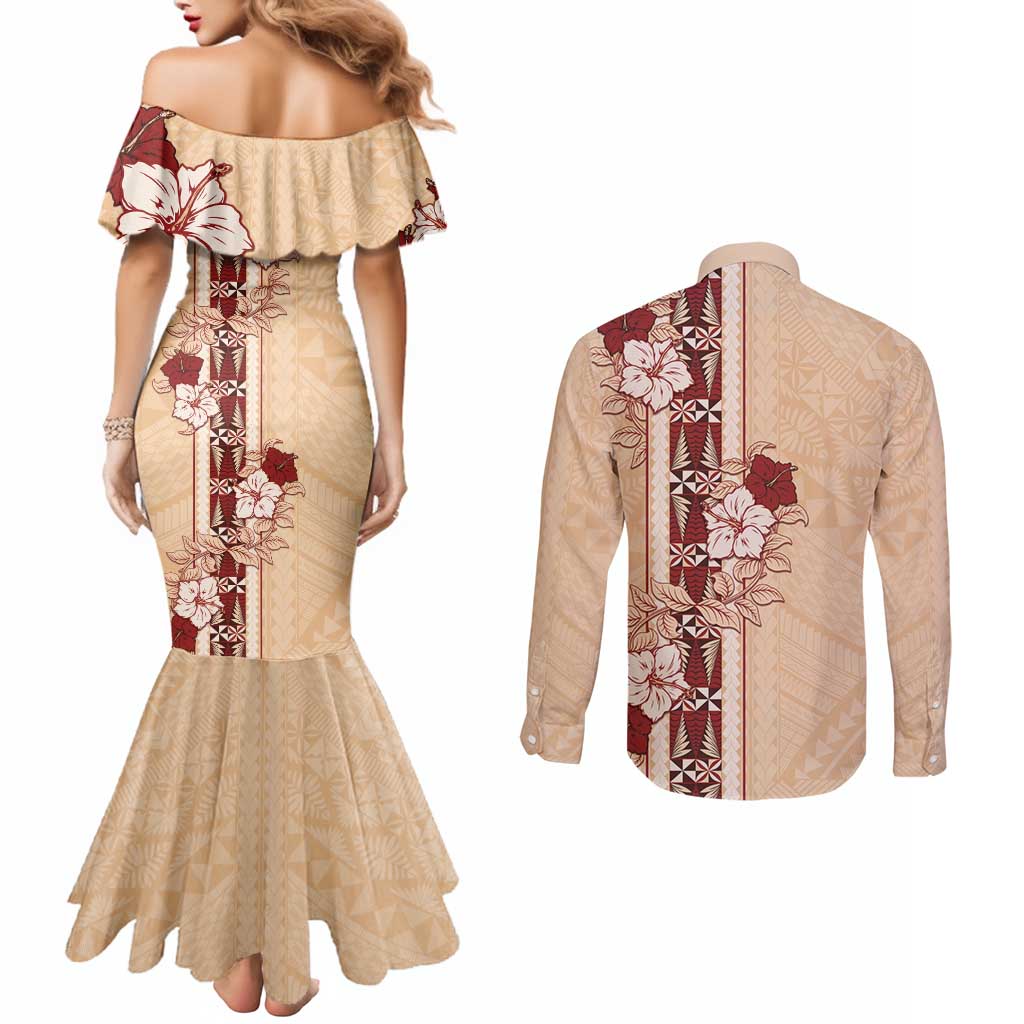 Tonga Language Week Couples Matching Mermaid Dress and Long Sleeve Button Shirt Hibiscus Tongan Ngatu Pattern LT05 - Polynesian Pride