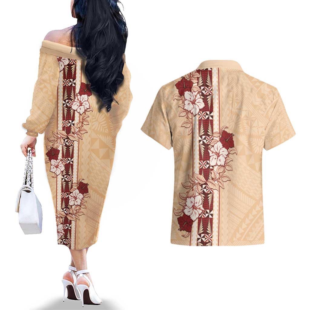 Tonga Language Week Couples Matching Off The Shoulder Long Sleeve Dress and Hawaiian Shirt Hibiscus Tongan Ngatu Pattern