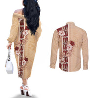 Tonga Language Week Couples Matching Off The Shoulder Long Sleeve Dress and Long Sleeve Button Shirt Hibiscus Tongan Ngatu Pattern LT05 - Polynesian Pride