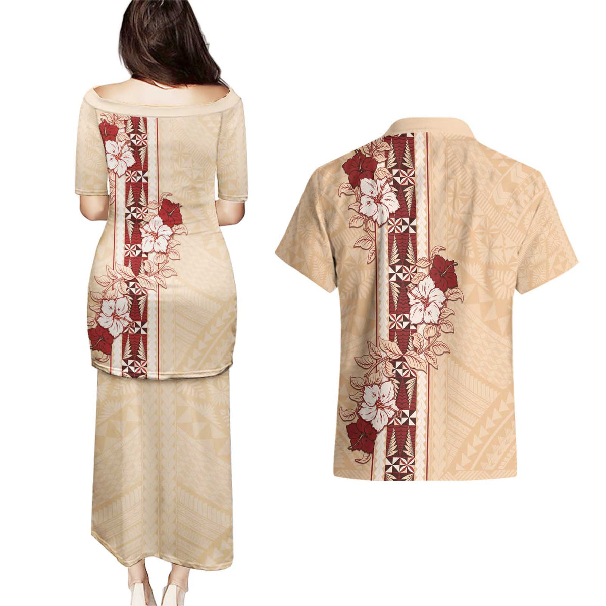 Tonga Language Week Couples Matching Puletasi and Hawaiian Shirt Hibiscus Tongan Ngatu Pattern