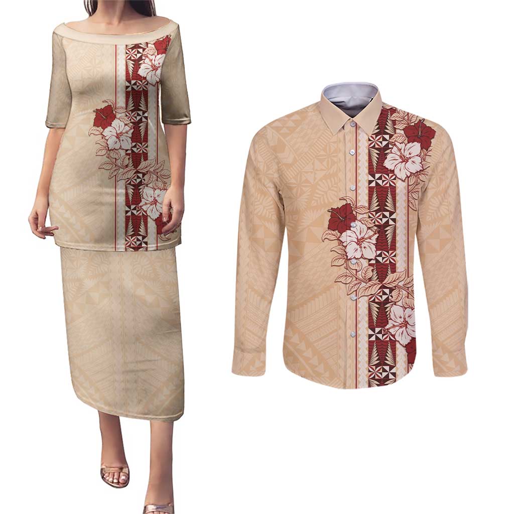 Tonga Language Week Couples Matching Puletasi and Long Sleeve Button Shirt Hibiscus Tongan Ngatu Pattern LT05 Beige - Polynesian Pride