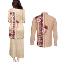 Tonga Language Week Couples Matching Puletasi and Long Sleeve Button Shirt Hibiscus Tongan Ngatu Pattern LT05 - Polynesian Pride