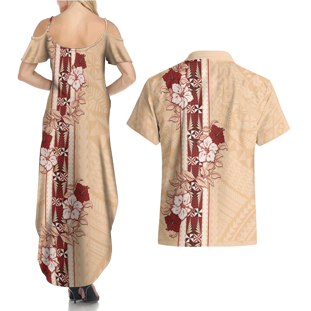 Tonga Language Week Couples Matching Summer Maxi Dress and Hawaiian Shirt Hibiscus Tongan Ngatu Pattern