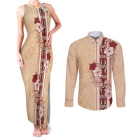 Tonga Language Week Couples Matching Tank Maxi Dress and Long Sleeve Button Shirt Hibiscus Tongan Ngatu Pattern LT05 Beige - Polynesian Pride