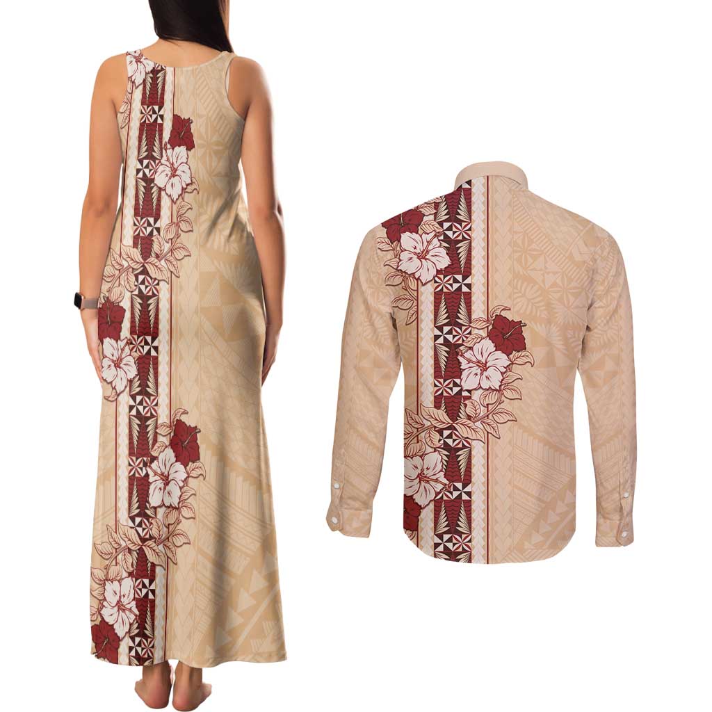 Tonga Language Week Couples Matching Tank Maxi Dress and Long Sleeve Button Shirt Hibiscus Tongan Ngatu Pattern LT05 - Polynesian Pride