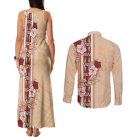 Tonga Language Week Couples Matching Tank Maxi Dress and Long Sleeve Button Shirt Hibiscus Tongan Ngatu Pattern LT05 - Polynesian Pride