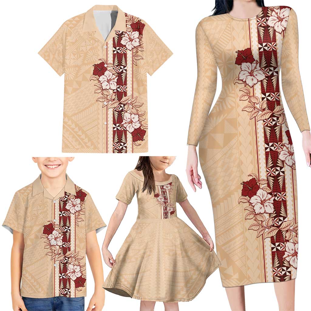 Tonga Language Week Family Matching Long Sleeve Bodycon Dress and Hawaiian Shirt Hibiscus Tongan Ngatu Pattern