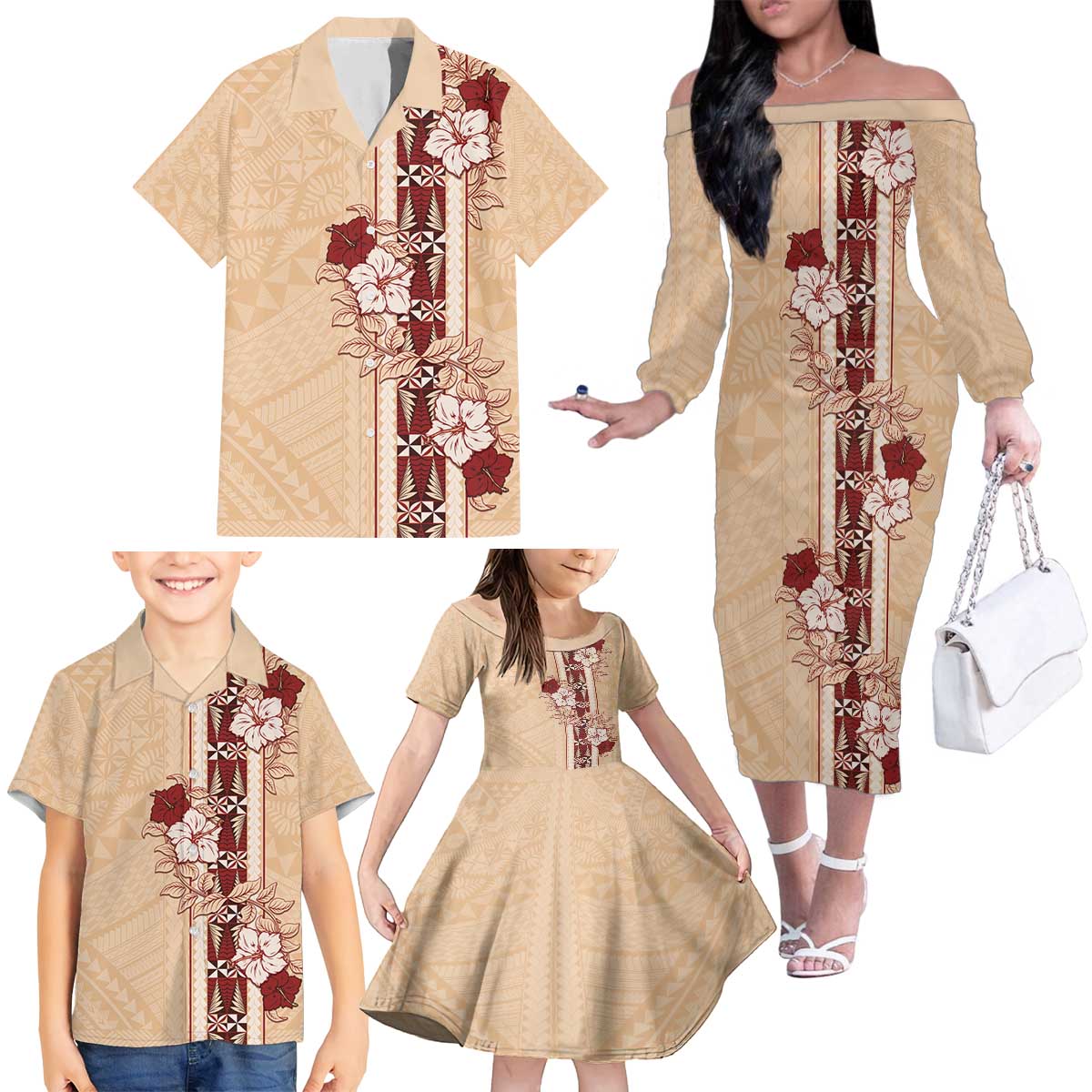 Tonga Language Week Family Matching Off The Shoulder Long Sleeve Dress and Hawaiian Shirt Hibiscus Tongan Ngatu Pattern