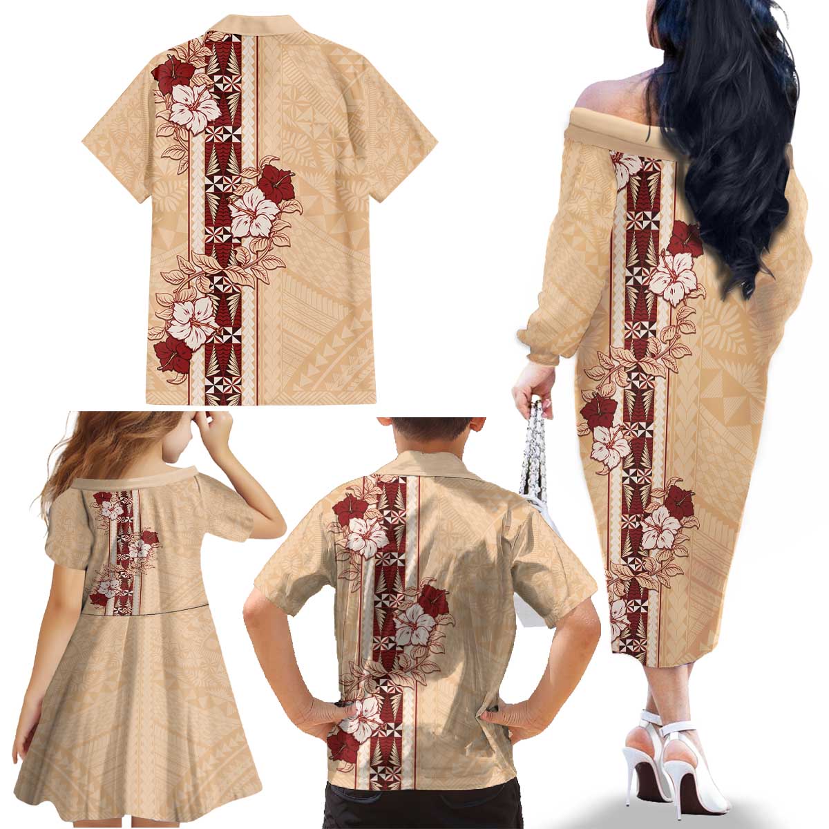 Tonga Language Week Family Matching Off The Shoulder Long Sleeve Dress and Hawaiian Shirt Hibiscus Tongan Ngatu Pattern