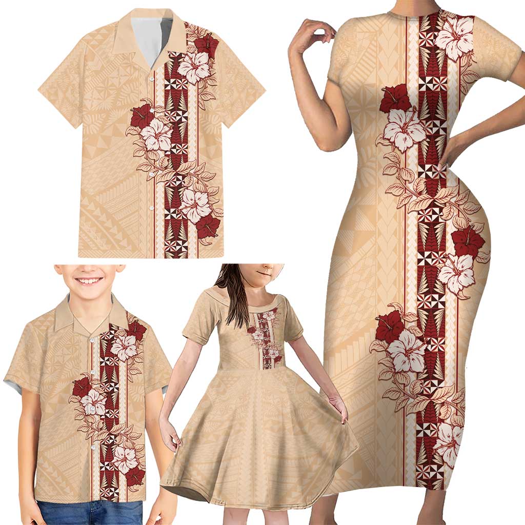 Tonga Language Week Family Matching Short Sleeve Bodycon Dress and Hawaiian Shirt Hibiscus Tongan Ngatu Pattern