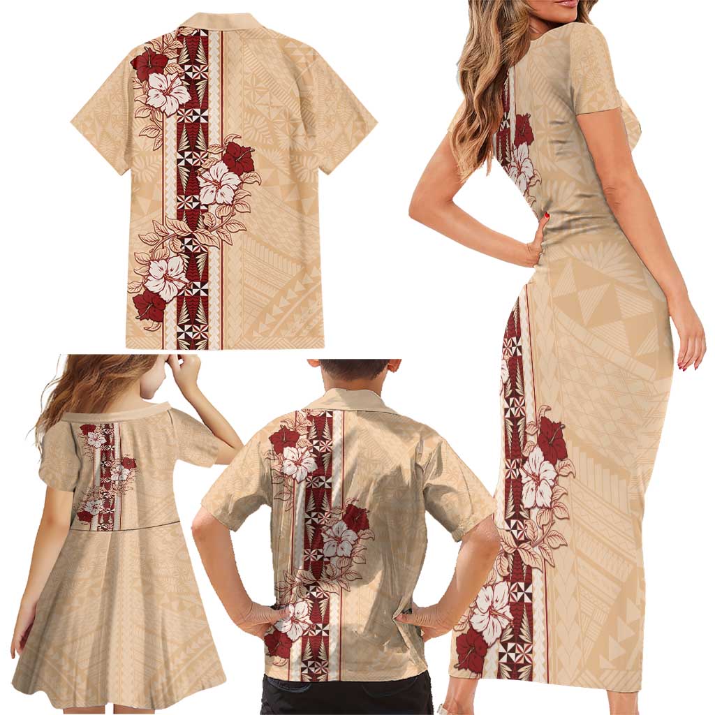 Tonga Language Week Family Matching Short Sleeve Bodycon Dress and Hawaiian Shirt Hibiscus Tongan Ngatu Pattern