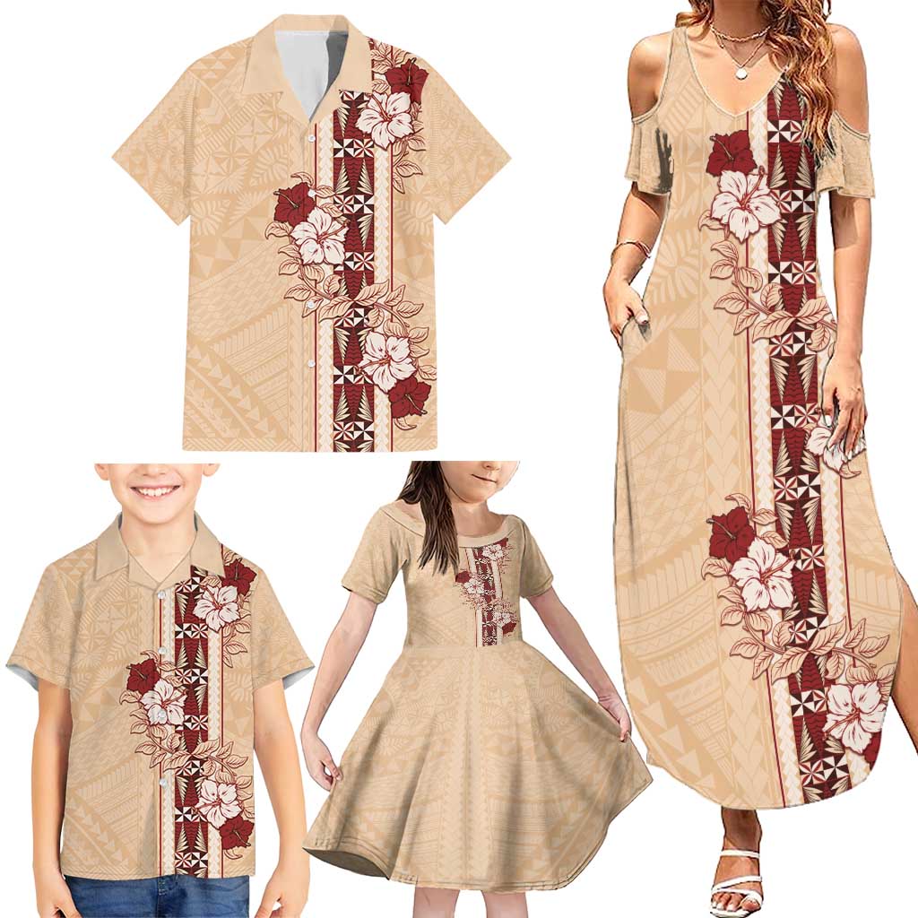 Tonga Language Week Family Matching Summer Maxi Dress and Hawaiian Shirt Hibiscus Tongan Ngatu Pattern