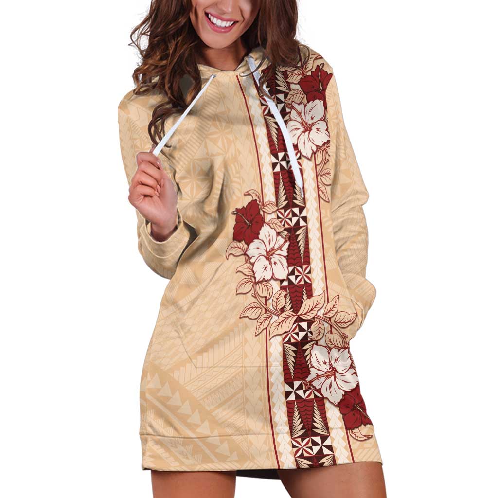 Tonga Language Week Hoodie Dress Hibiscus Tongan Ngatu Pattern LT05 Beige - Polynesian Pride