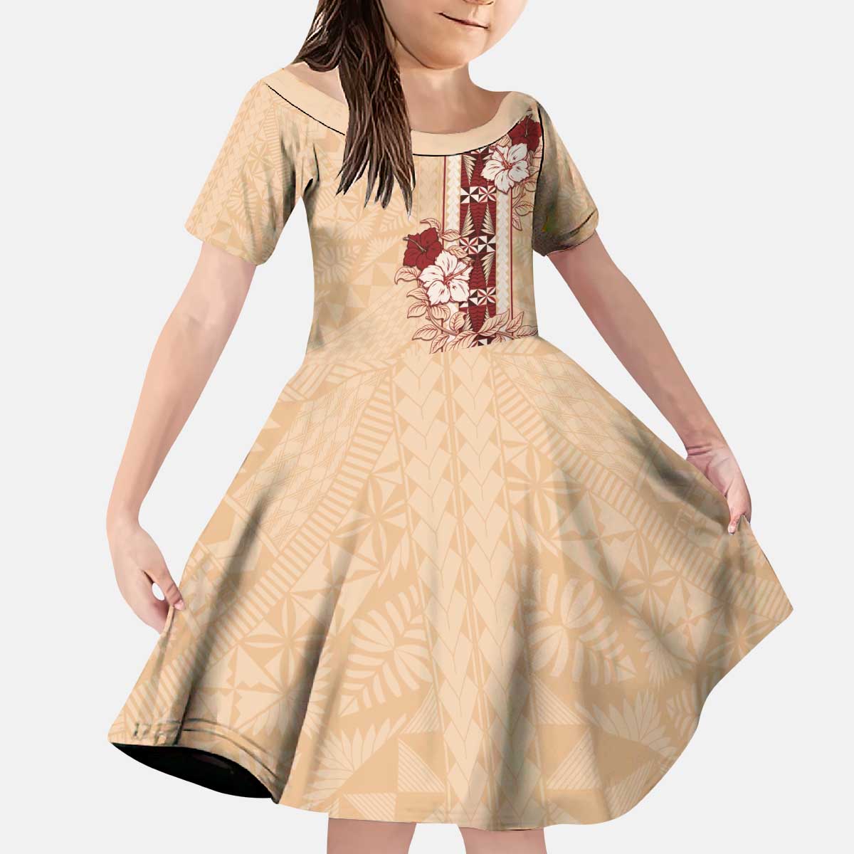 Tonga Language Week Kid Short Sleeve Dress Hibiscus Tongan Ngatu Pattern