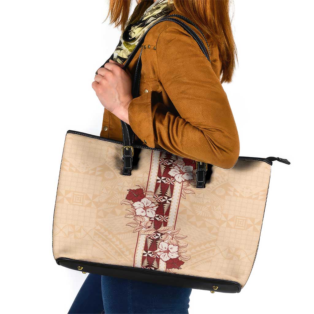 Tonga Language Week Leather Tote Bag Hibiscus Tongan Ngatu Pattern LT05 Beige - Polynesian Pride