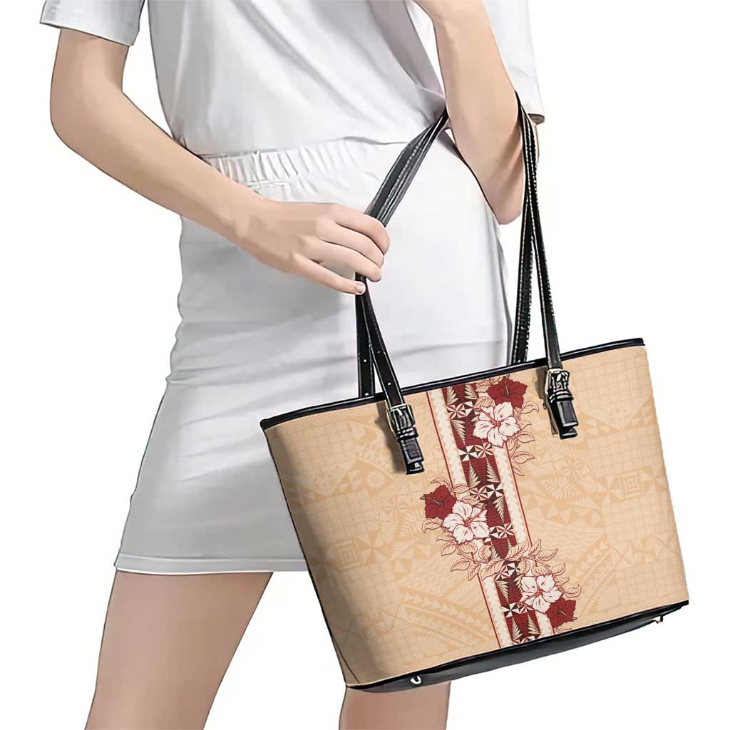 Tonga Language Week Leather Tote Bag Hibiscus Tongan Ngatu Pattern LT05 - Polynesian Pride