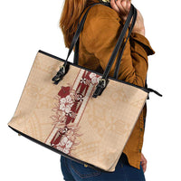 Tonga Language Week Leather Tote Bag Hibiscus Tongan Ngatu Pattern LT05 - Polynesian Pride