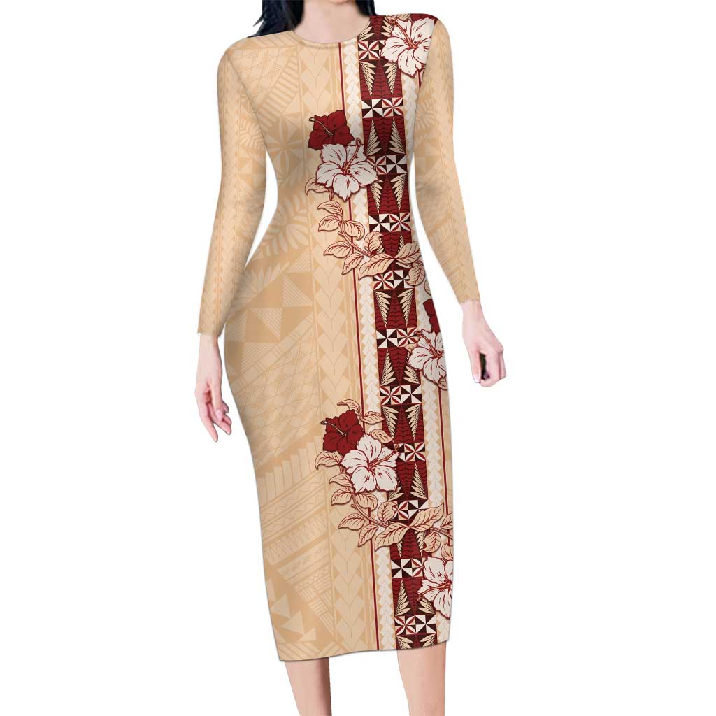 Tonga Language Week Long Sleeve Bodycon Dress Hibiscus Tongan Ngatu Pattern