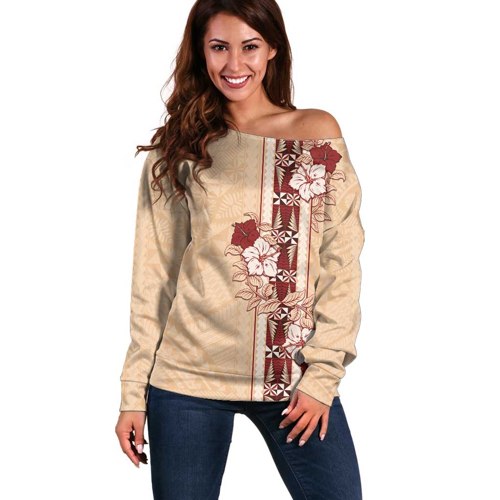 Tonga Language Week Off Shoulder Sweater Hibiscus Tongan Ngatu Pattern