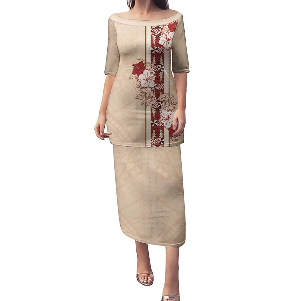 Tonga Language Week Puletasi Hibiscus Tongan Ngatu Pattern LT05 Long Dress Beige - Polynesian Pride