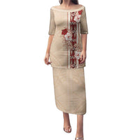 Tonga Language Week Puletasi Hibiscus Tongan Ngatu Pattern LT05 Long Dress Beige - Polynesian Pride