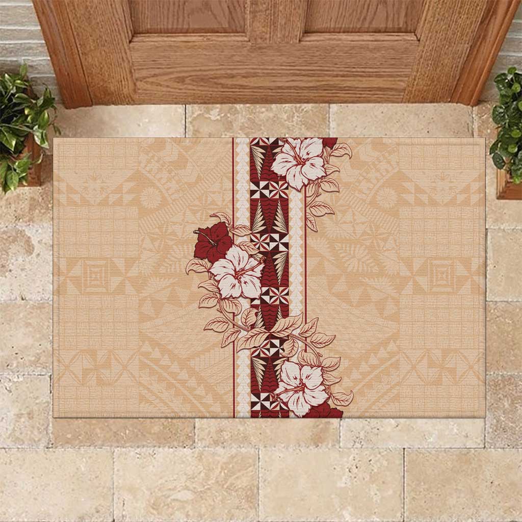 Tonga Language Week Rubber Doormat Hibiscus Tongan Ngatu Pattern LT05 Beige - Polynesian Pride